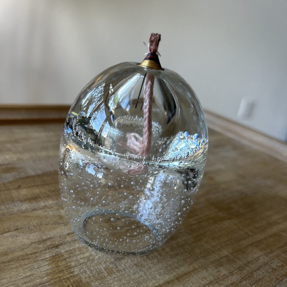 Vintage Art Glass Oil Lamp Paperweight Clear Round Bubbles Seeded Wick in pink